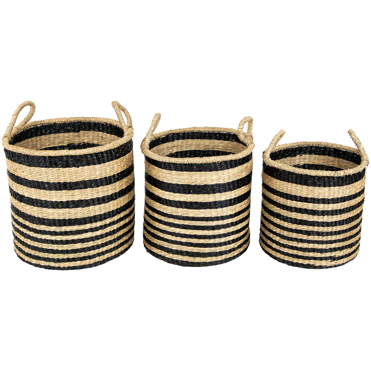 Striped Seagrass Storage Baskets with Handles (Set of 3)