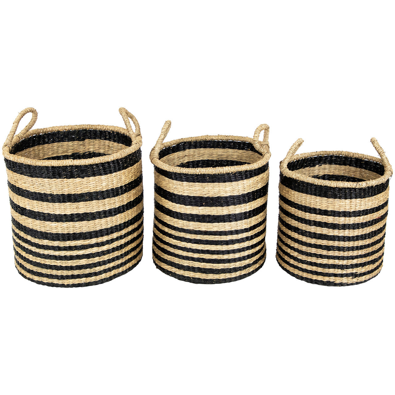 Striped Seagrass Storage Baskets with Handles (Set of 3)