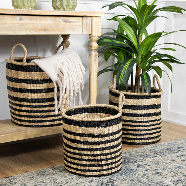 Striped Seagrass Storage Baskets with Handles (Set of 3)
