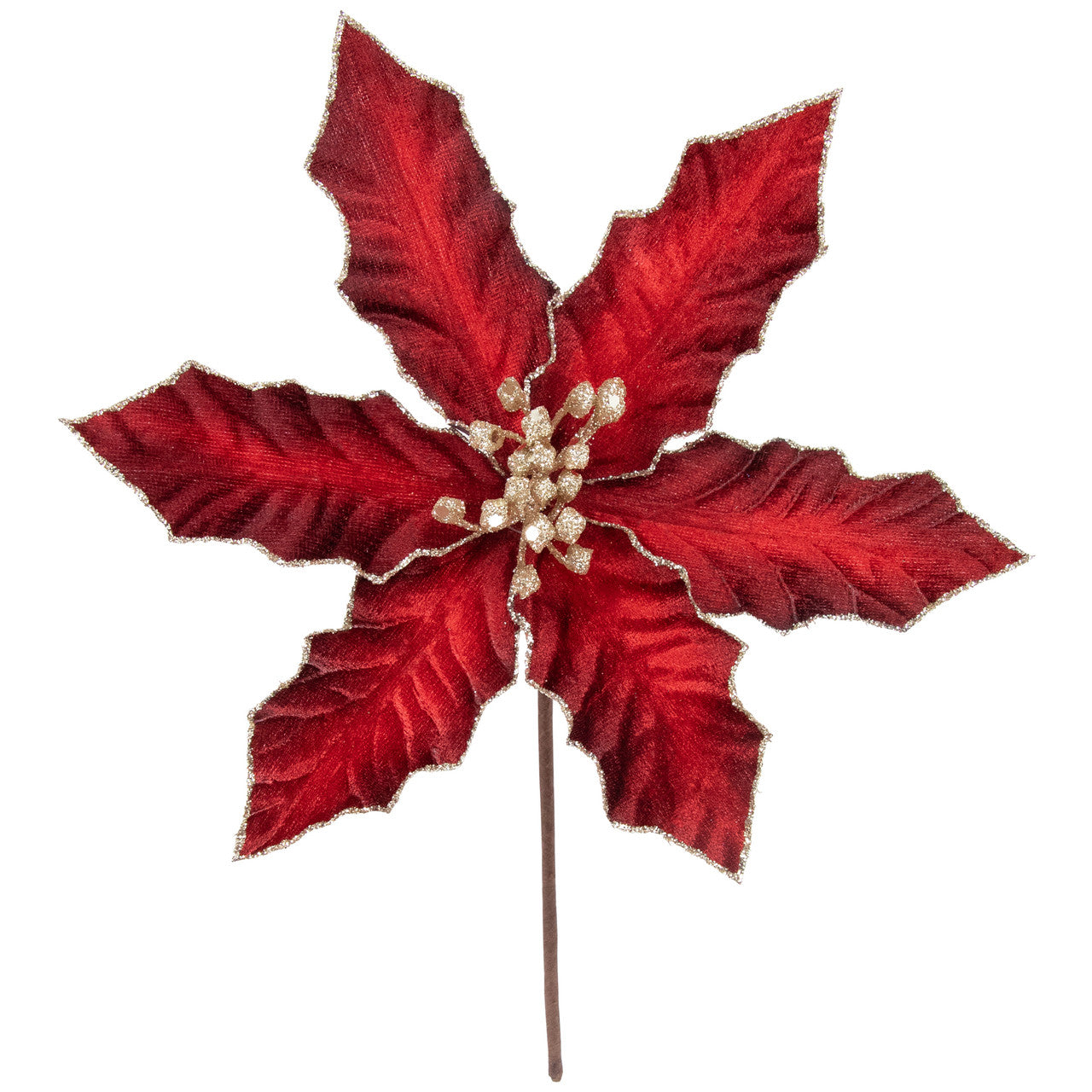 Glittered Velvet Burgundy Poinsettia Christmas Pick (8") Holiday Floral Stem Accent