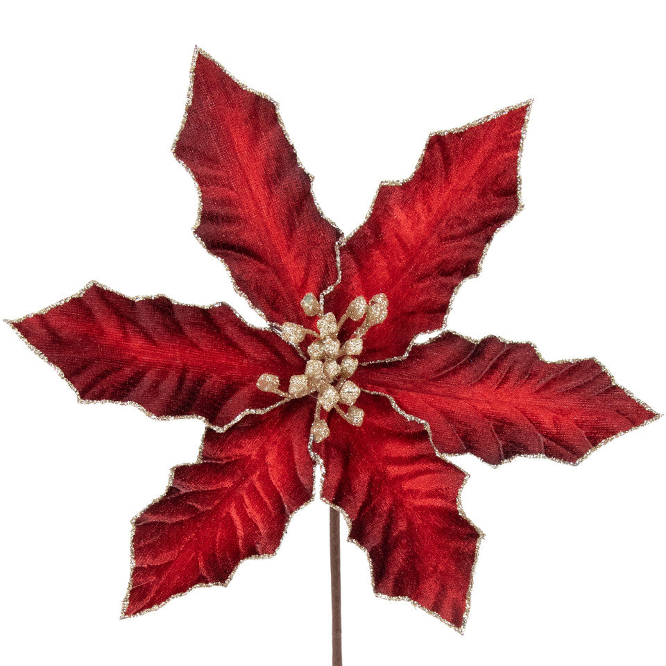Glittered Velvet Burgundy Poinsettia Christmas Pick (8&quot;) Holiday Floral Stem Accent