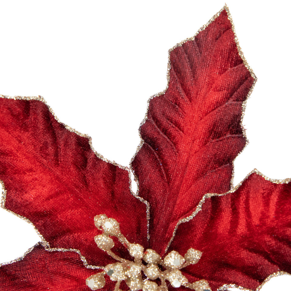 Glittered Velvet Burgundy Poinsettia Christmas Pick (8&quot;) Holiday Floral Stem Accent