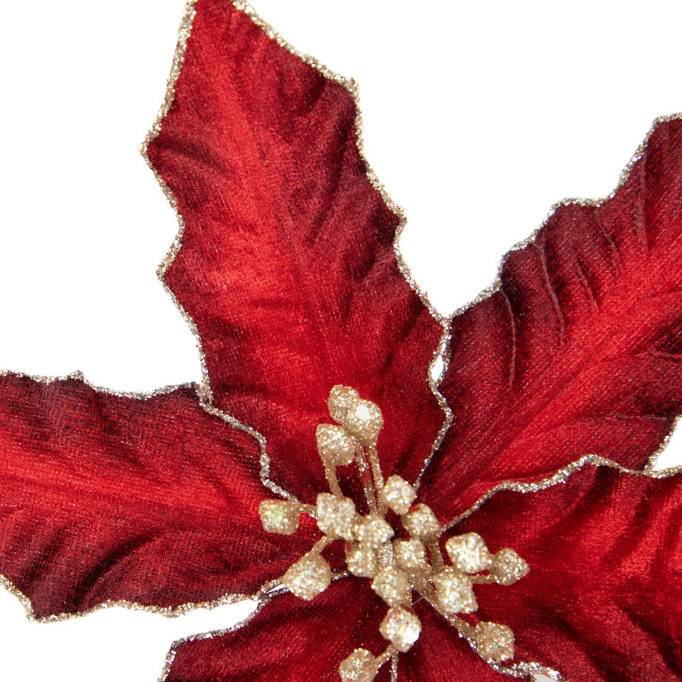 Glittered Velvet Burgundy Poinsettia Christmas Pick (8") Holiday Floral Stem Accent