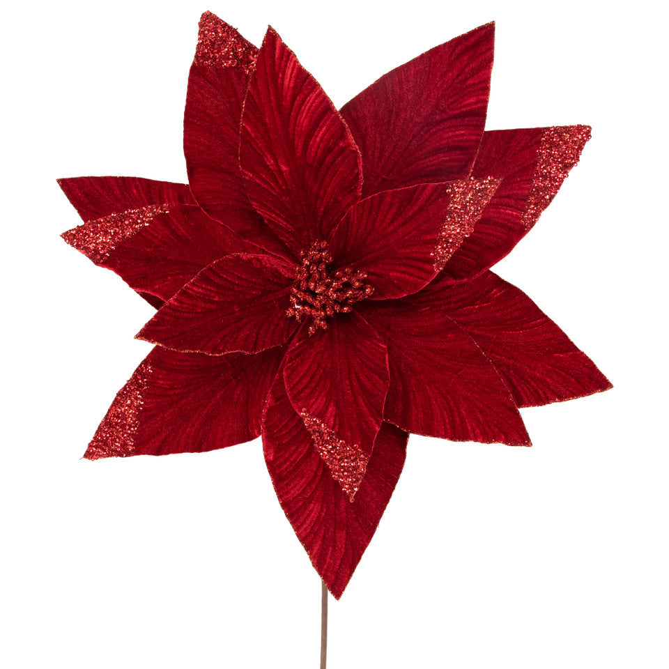 Red Glitter Poinsettia Christmas Floral Spray 24" Holiday Stem Accent for Decorating and Crafting
