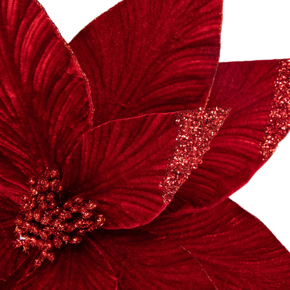 Red Glitter Poinsettia Christmas Floral Spray 24&quot; Holiday Stem Accent for Decorating and Crafting
