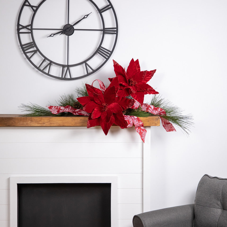 Red Glitter Poinsettia Christmas Floral Spray 24&quot; Holiday Stem Accent for Decorating and Crafting