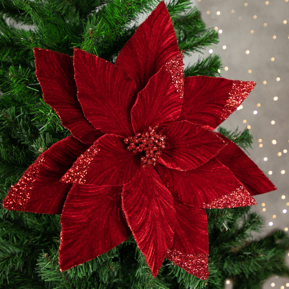 Red Glitter Poinsettia Christmas Floral Spray 24&quot; Holiday Stem Accent for Decorating and Crafting