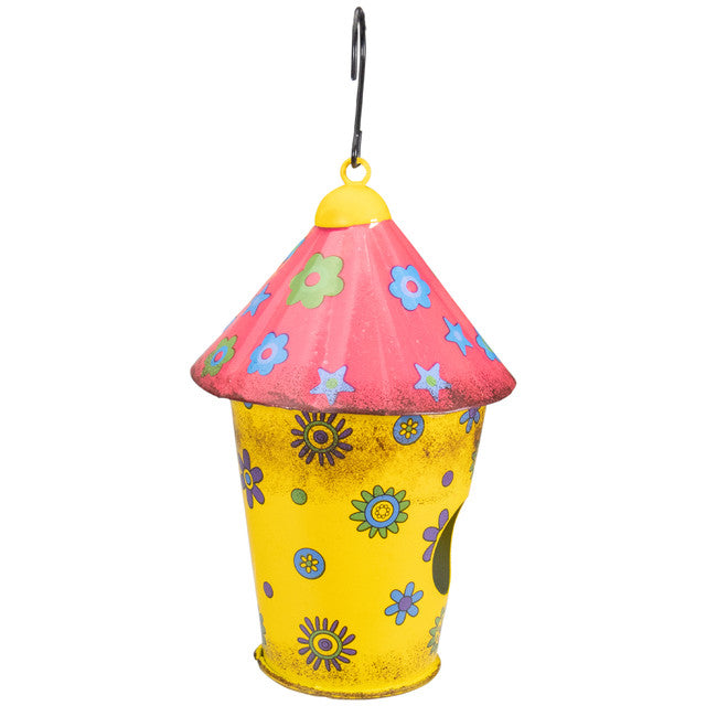 Metal Birdhouse with Flowers 7.75&quot; Red and Yellow Outdoor Metal Birdhouse