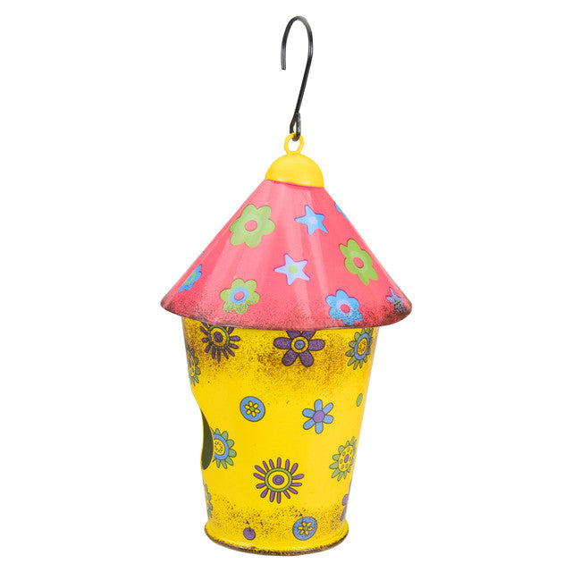 Metal Birdhouse with Flowers 7.75&quot; Red and Yellow Outdoor Metal Birdhouse