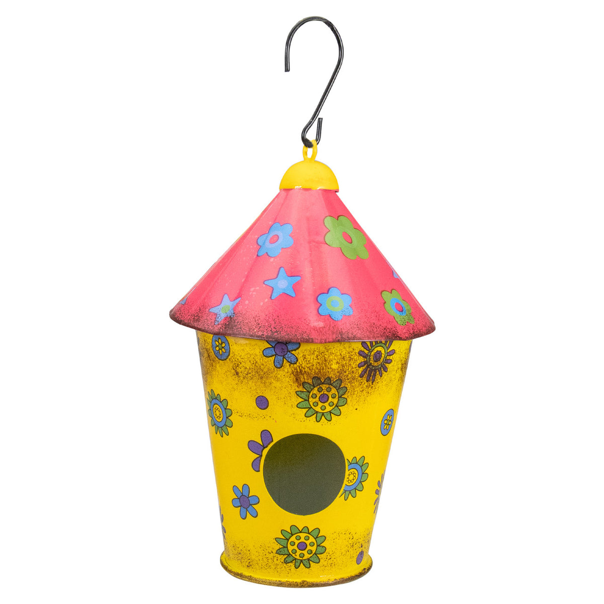 Metal Birdhouse with Flowers 7.75&quot; Red and Yellow Outdoor Metal Birdhouse