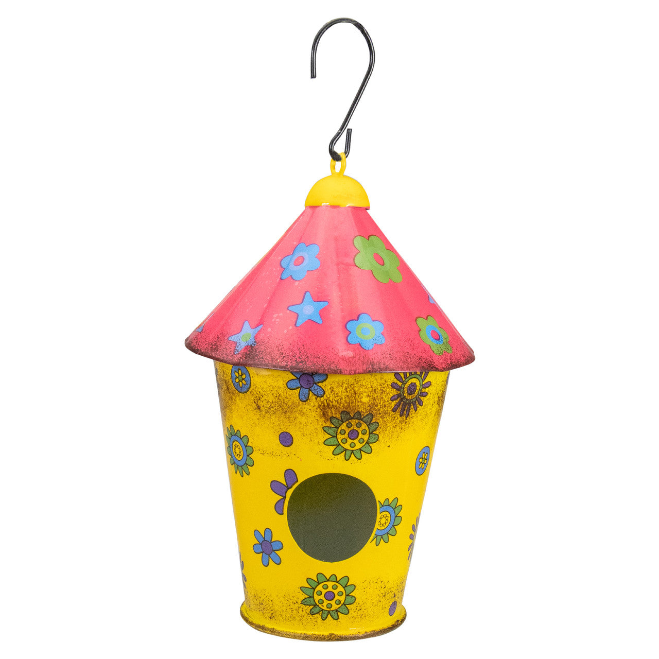 Metal Birdhouse with Flowers 7.75" Red and Yellow Outdoor Metal Birdhouse