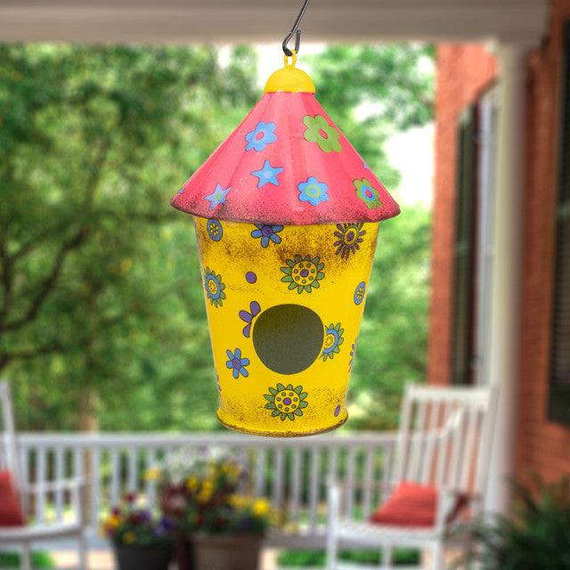 Metal Birdhouse with Flowers 7.75" Red and Yellow Outdoor Metal Birdhouse