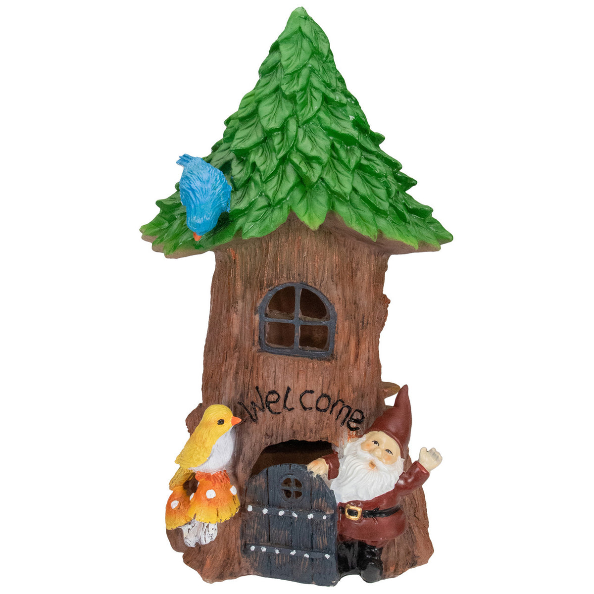 Solar Lighted Welcome Gnome Tree House 14&quot; Outdoor Garden Statue