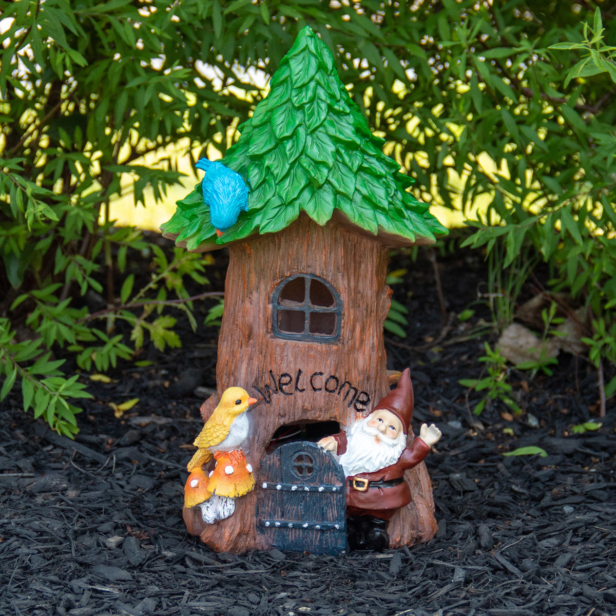 Solar Lighted Welcome Gnome Tree House 14&quot; Outdoor Garden Statue
