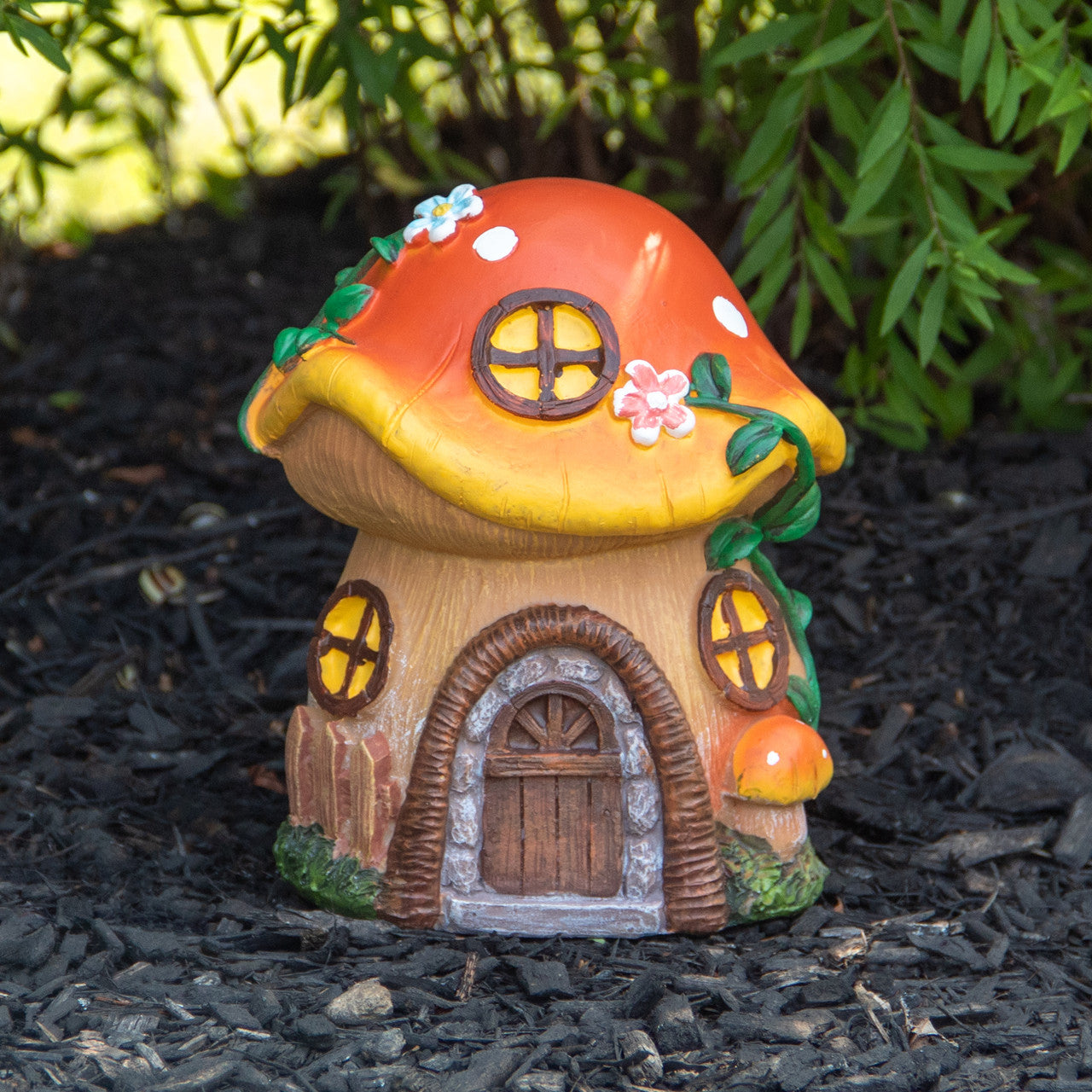 Garden Decor 6.25" Mushroom House Outdoor Garden Statue, Orange