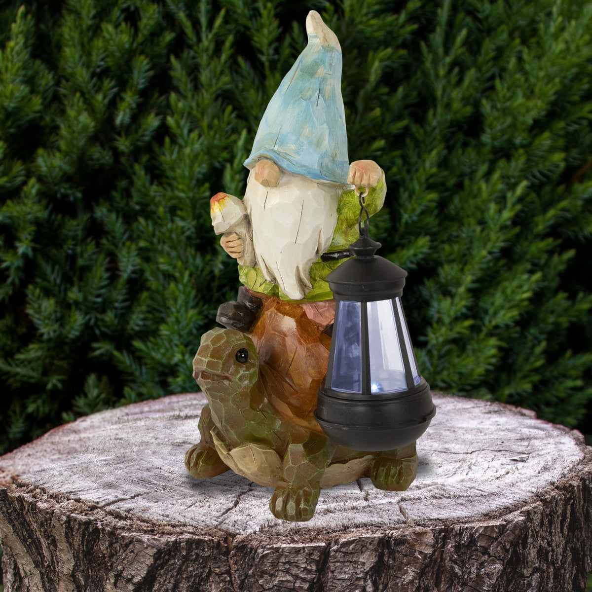 Gnome and Turtle Outdoor Garden Statue 12.5&quot; Solar LED Lighted Statue