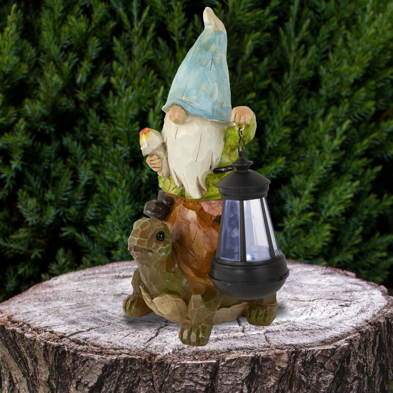 Gnome and Turtle Outdoor Garden Statue 12.5" Solar LED Lighted Statue