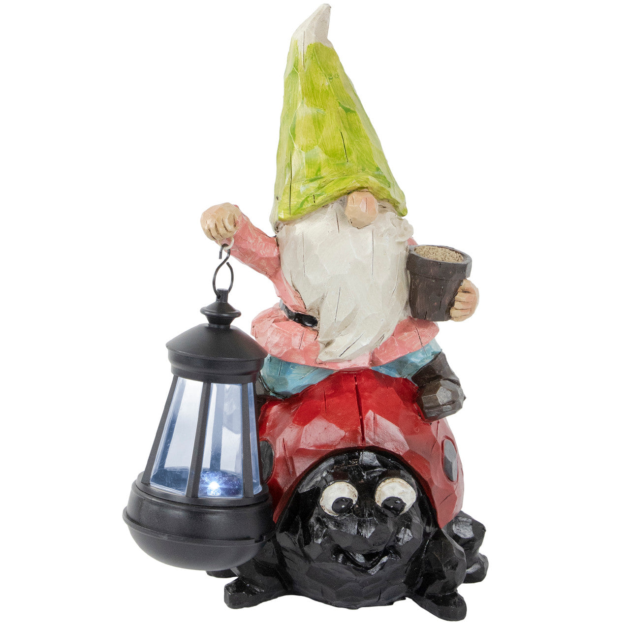 Solar LED Lighted Gnome and Ladybug 12.5" Outdoor Garden Statue