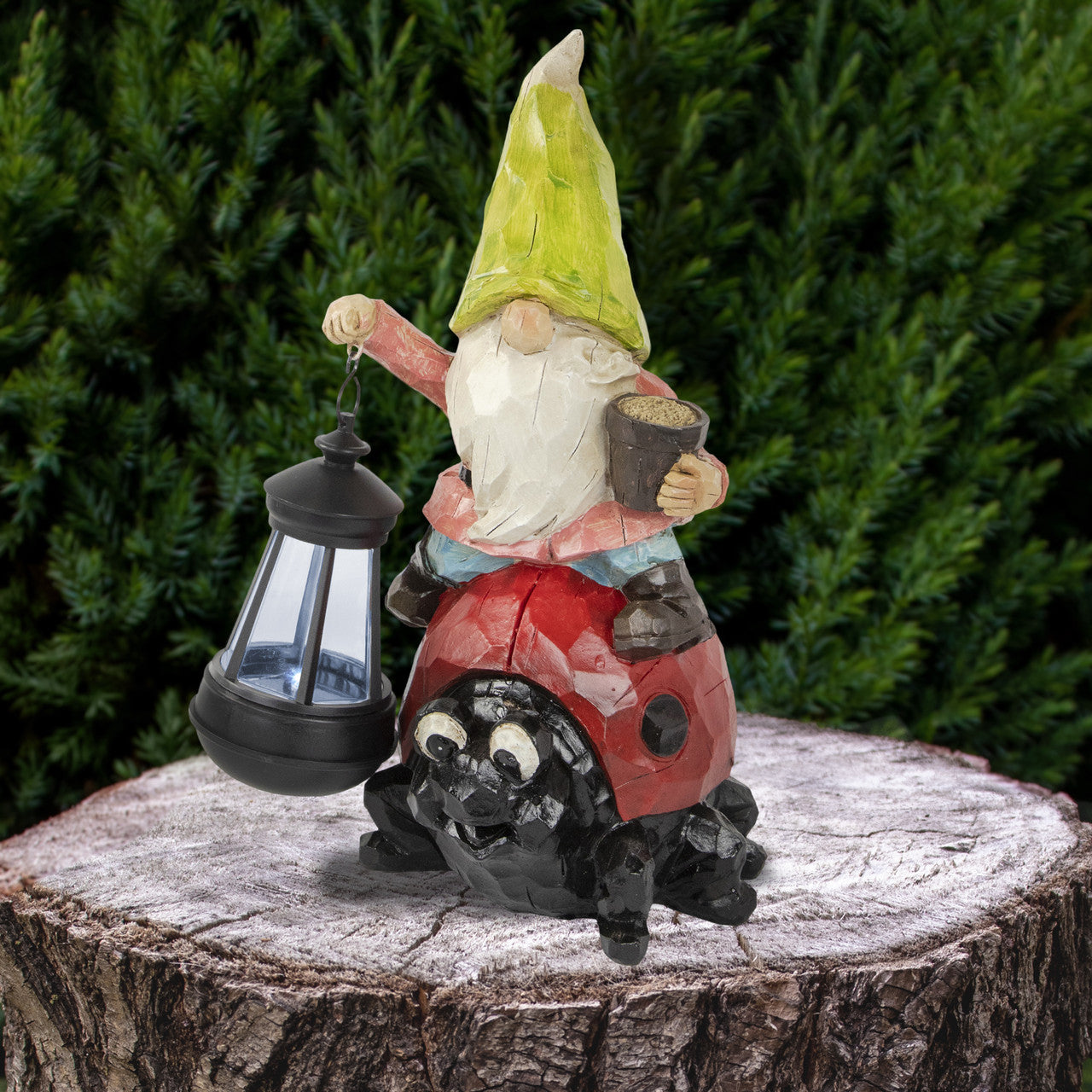 Solar LED Lighted Gnome and Ladybug 12.5" Outdoor Garden Statue