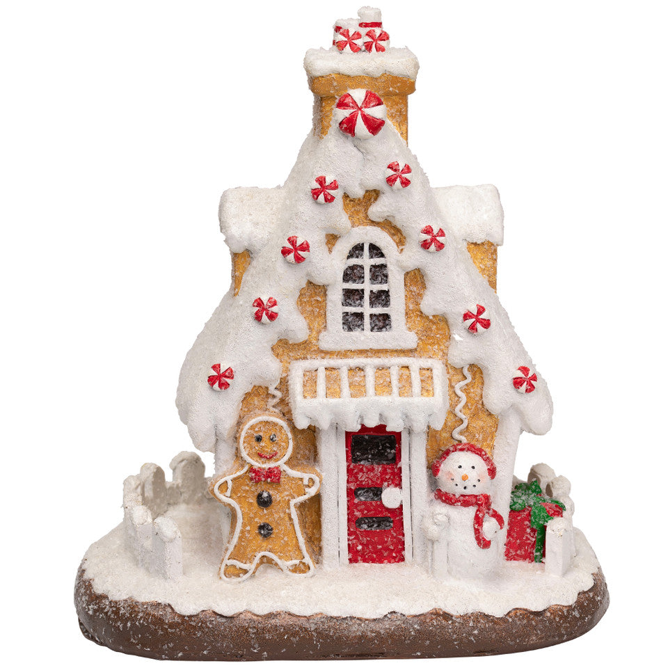 Festive 11" Gingerbread House Decoration – Snowy Peppermint Cottage with Snowman Figurine