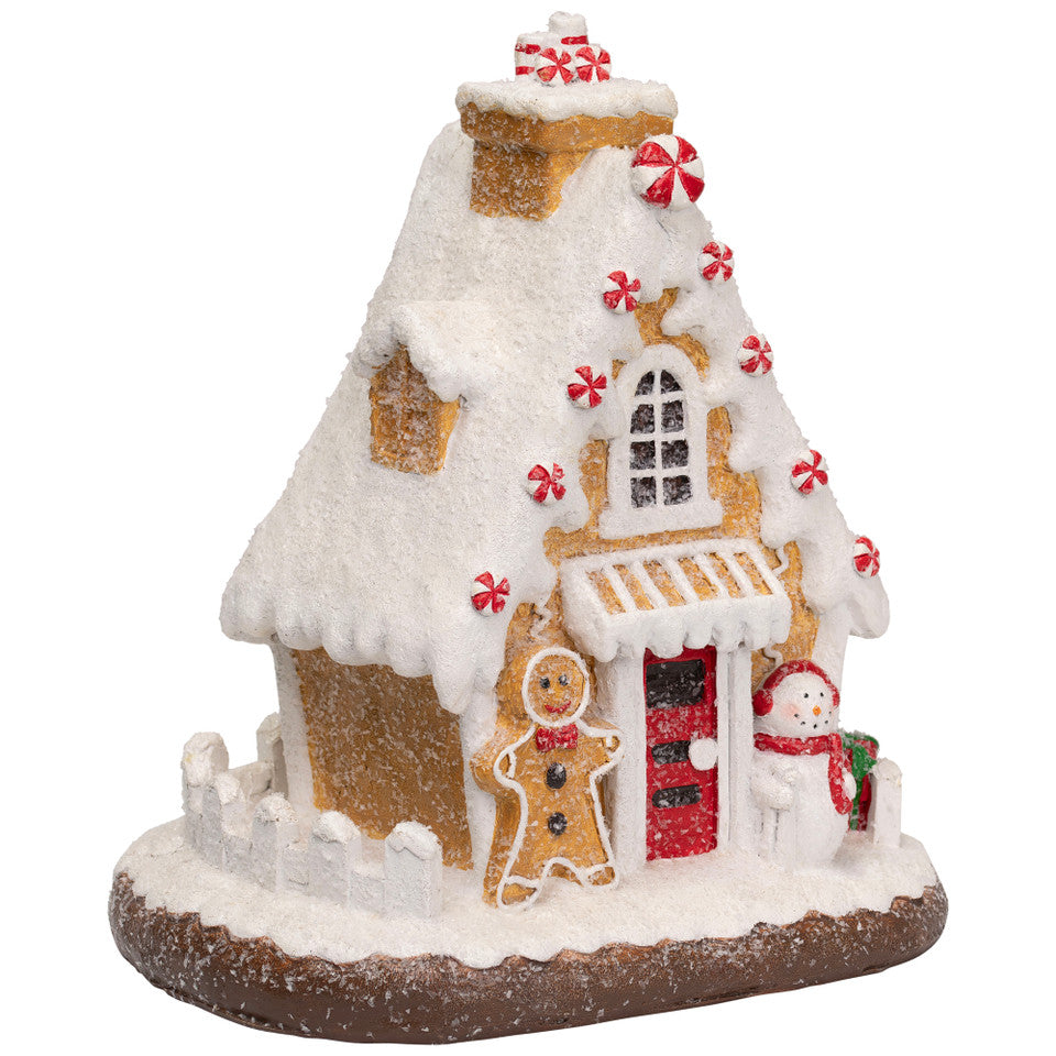 Festive 11" Gingerbread House Decoration – Snowy Peppermint Cottage with Snowman Figurine