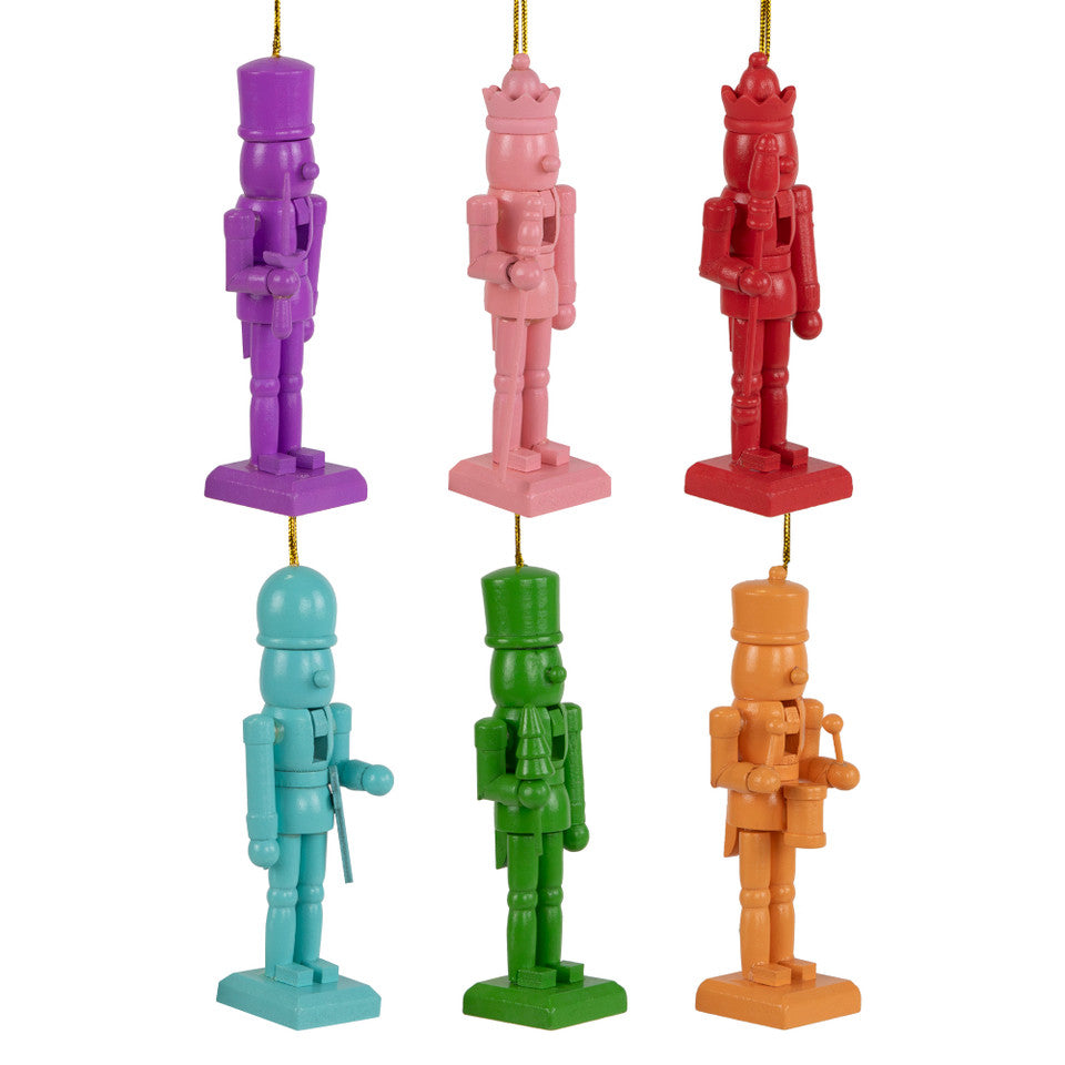 Multicolor Wooden Nutcracker Christmas Ornaments 5 Inch, Set of 6 Hanging Tree Decorations