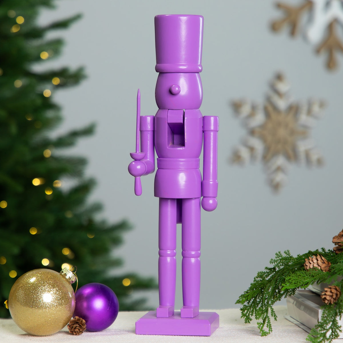 Nutcracker Soldier Figure 15&quot; Traditional Christmas Decor with Sword and Elegant Design (Purple)