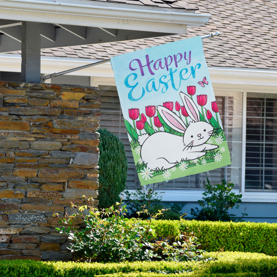 Daisies and Tulips "Happy Easter" Bunny Rabbit Outdoor House Flag 28" x 40"