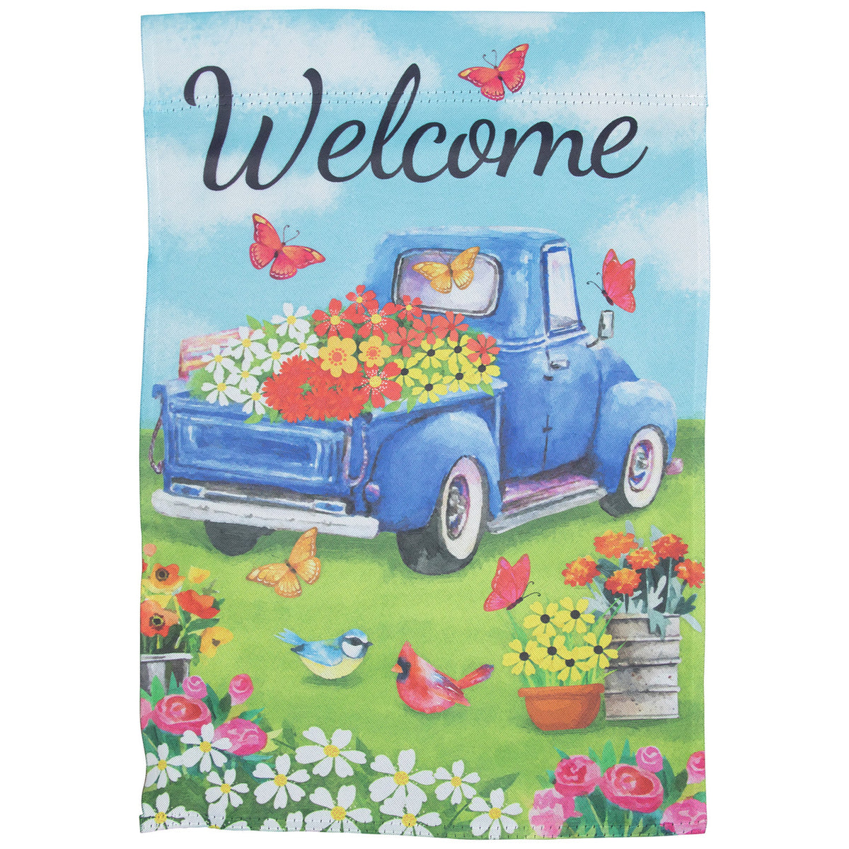 Welcome Pickup Truck with Flowers Decorative House Flag for Front Porch