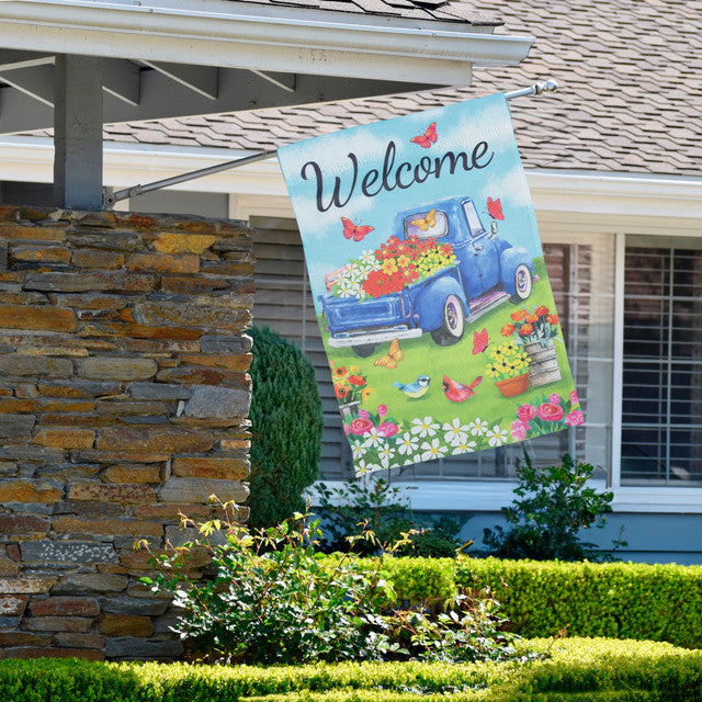 Welcome Pickup Truck with Flowers Decorative House Flag for Front Porch