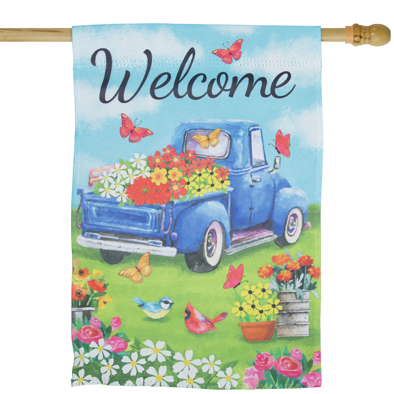 Welcome Pickup Truck with Flowers Decorative House Flag for Front Porch