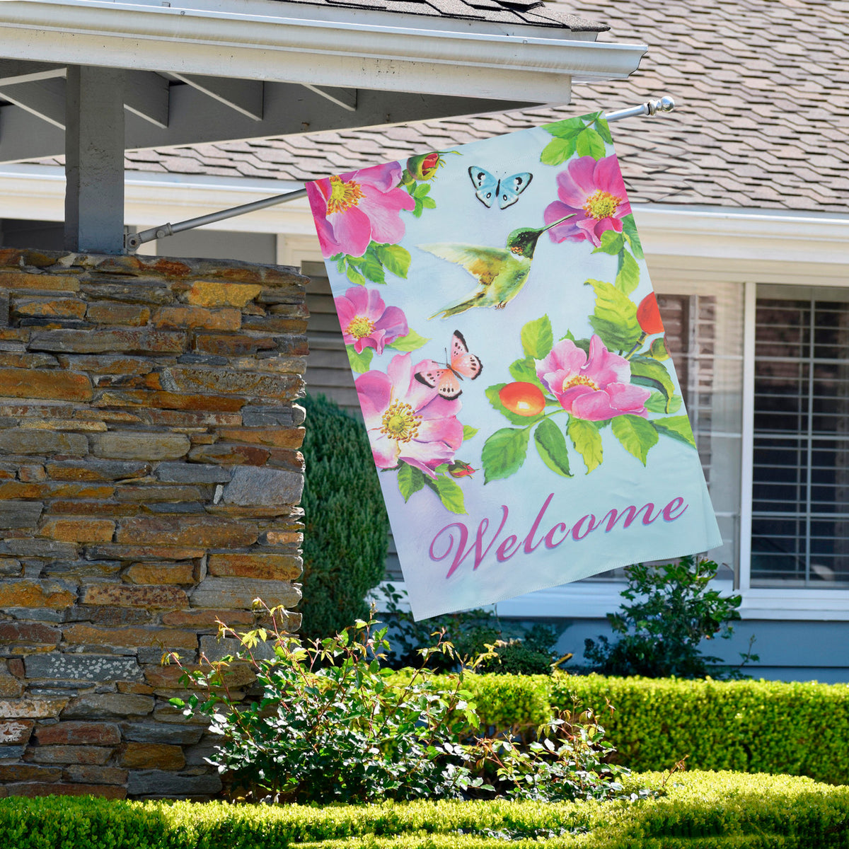 Welcome Hummingbird Floral Outdoor House Flag