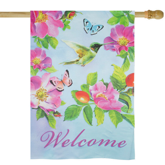 Welcome Hummingbird Floral Outdoor House Flag