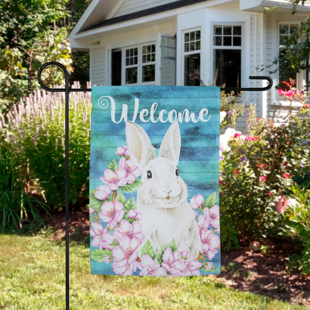 Festive Welcome Easter Bunny Floral Garden Flag