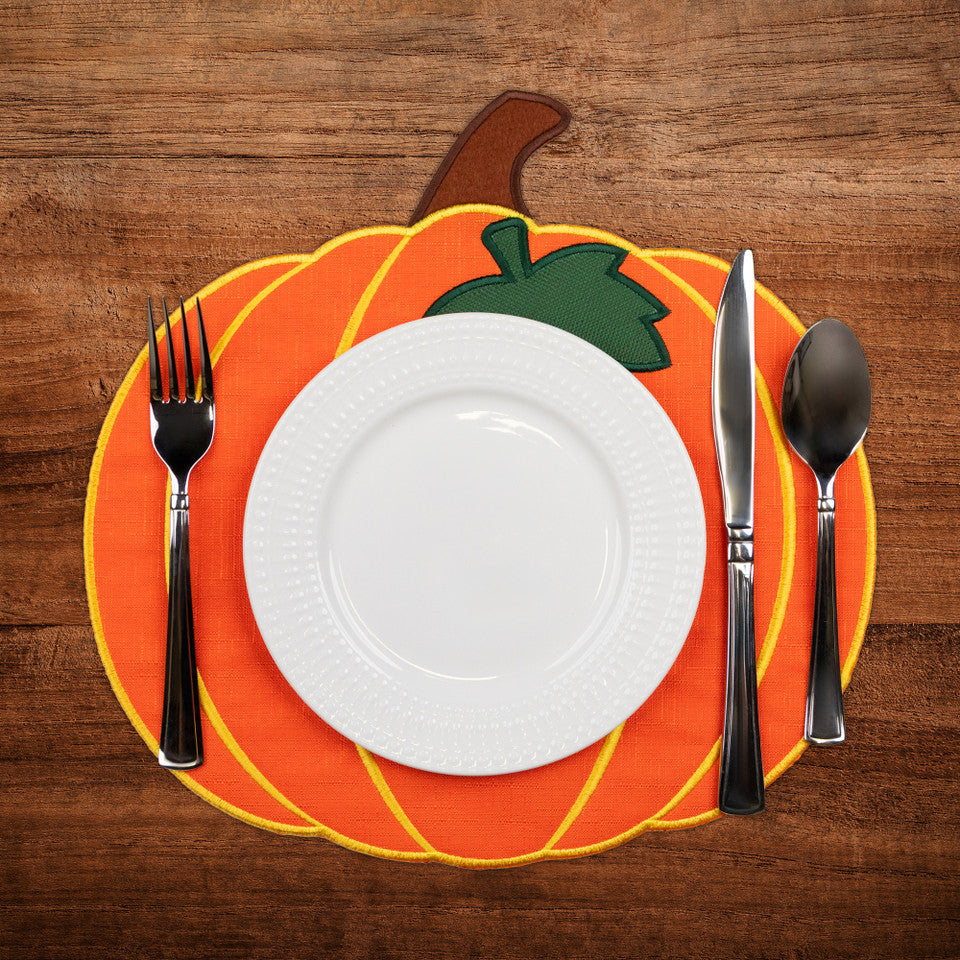 Embroidered Pumpkin Fall Harvest Placemats 13&quot; Orange and Green Set of 4