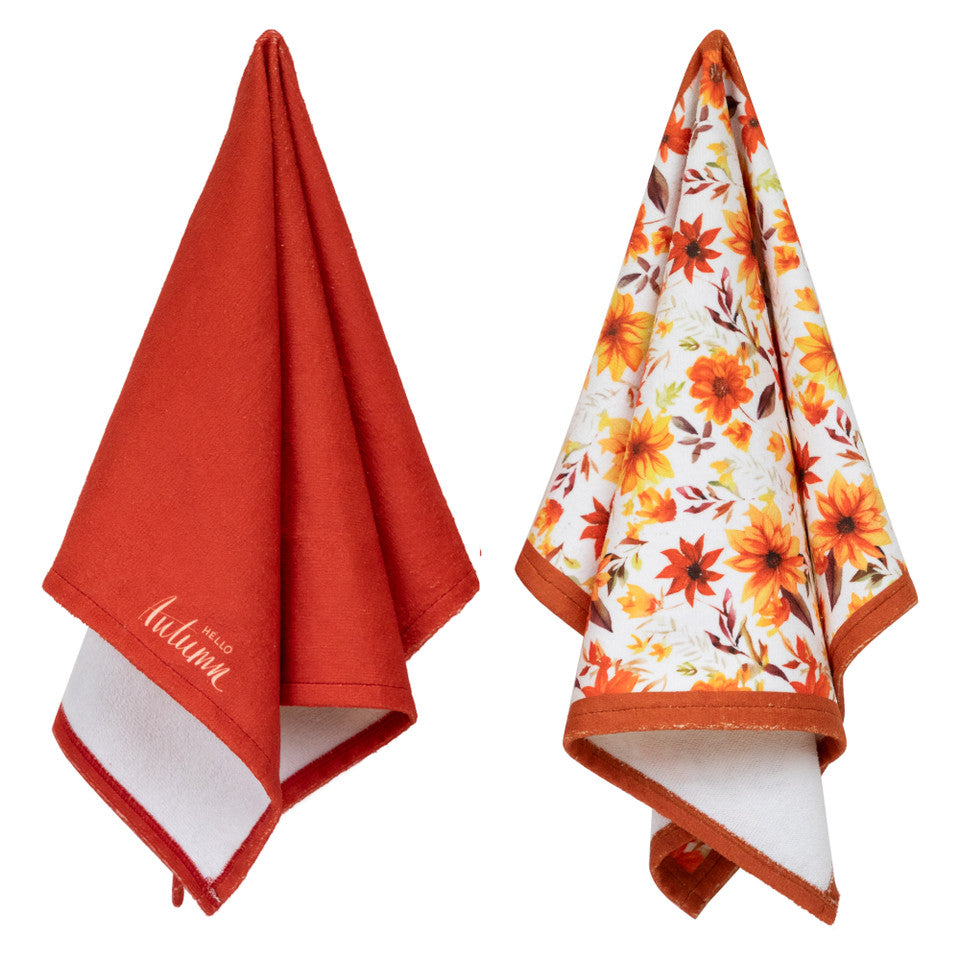 26&quot; Set of 2 Solid Hello Autumn and Floral Fall Harvest Kitchen Tea Towels