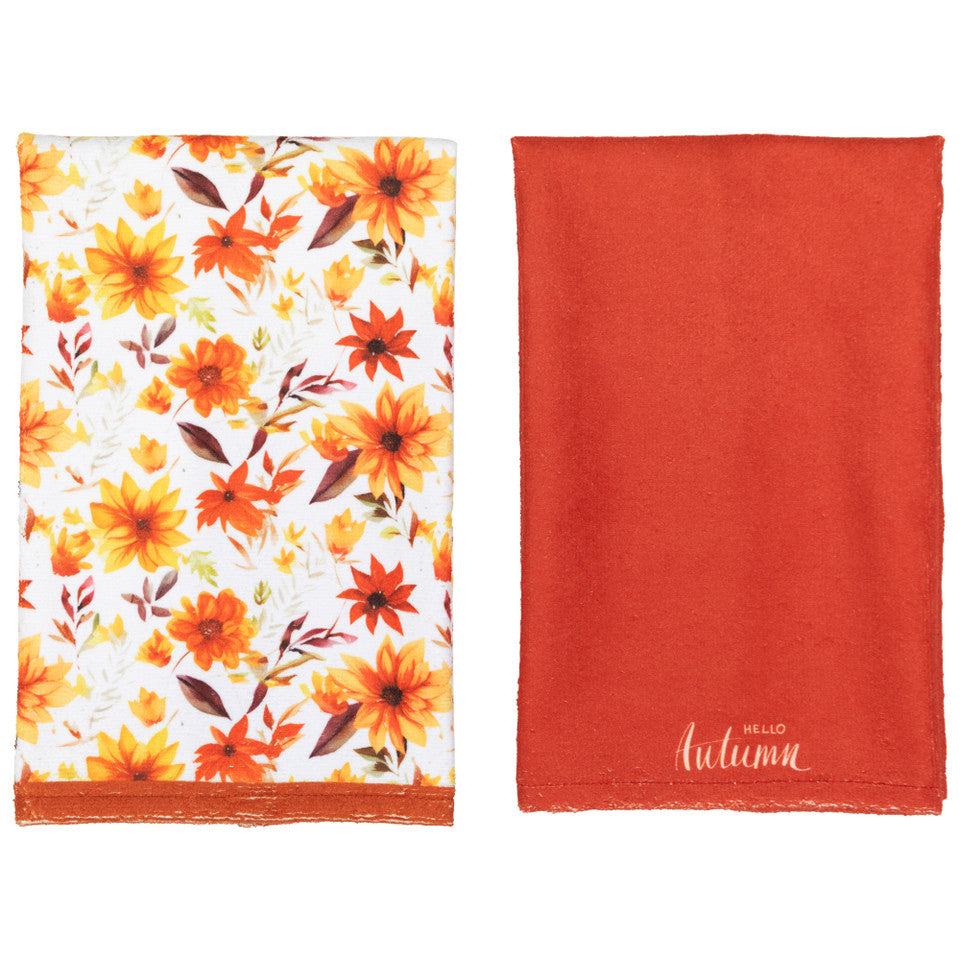 26&quot; Set of 2 Solid Hello Autumn and Floral Fall Harvest Kitchen Tea Towels