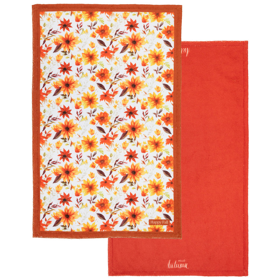 26" Set of 2 Solid Hello Autumn and Floral Fall Harvest Kitchen Tea Towels