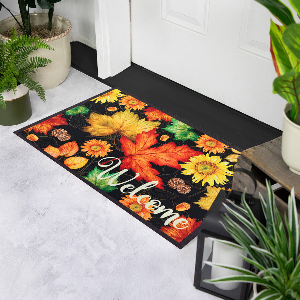 Welcome Fall Outdoor Doormat Maple Leaves and Sunflowers Design