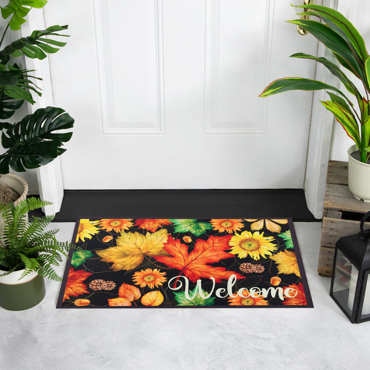 Welcome Fall Outdoor Doormat Maple Leaves and Sunflowers Design