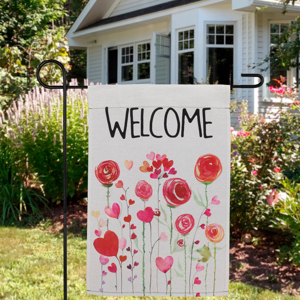 Hearts Flowers Welcome Garden Flags for Front Porch