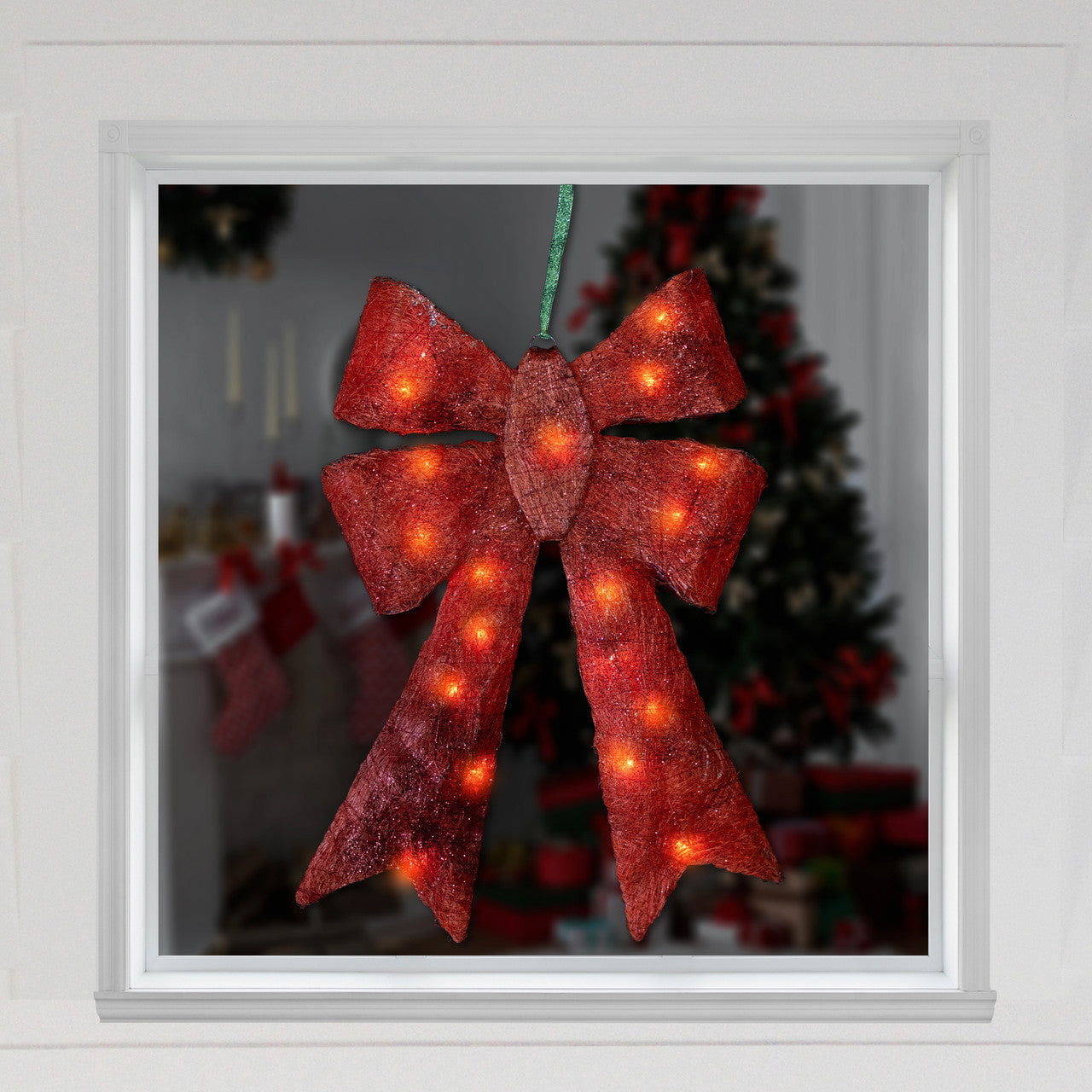 Christmas Decoration 23" Lighted Sparkling Red Sisal Double Bow