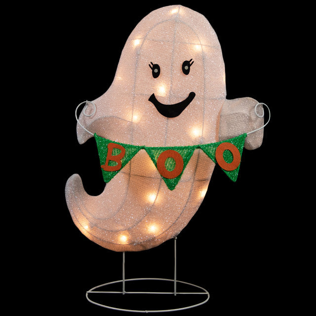 25&quot; Lighted LED White Ghost with &quot;Boo&quot; Banner