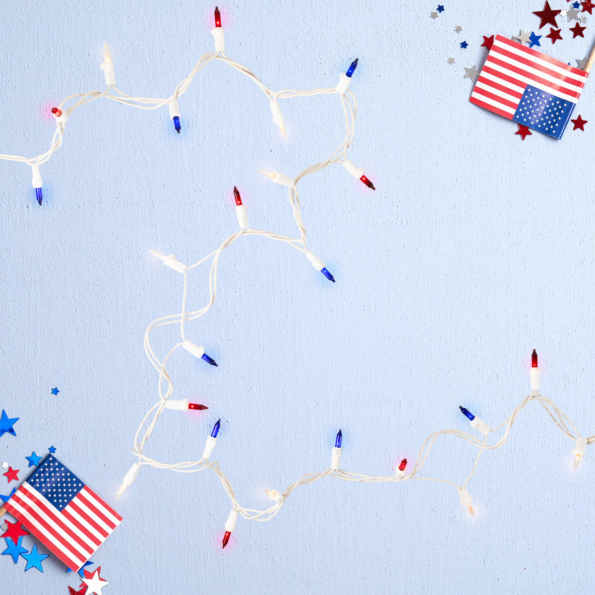 Patriotic Red White Blue Lights 10&#39; White Cord 50ct