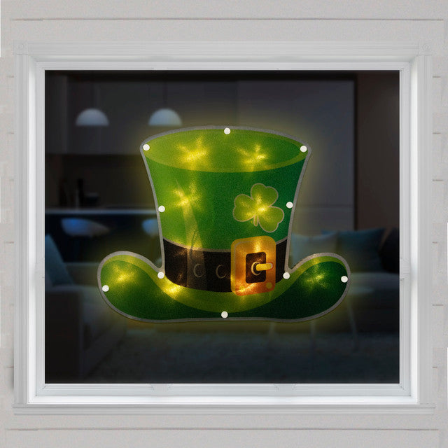 LED Lighted Leprechaun Hat Window Silhouette with Timer for Irish St. Patrick&#39;s Day Decoration 12.5&quot;