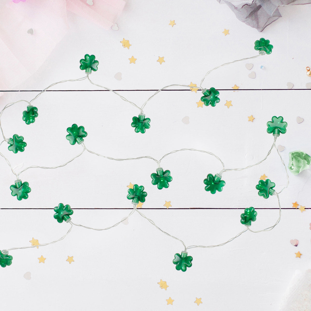 St Patrick&#39;s Day Shamrock 20 Count Green Lights (7ft Clear Wire)