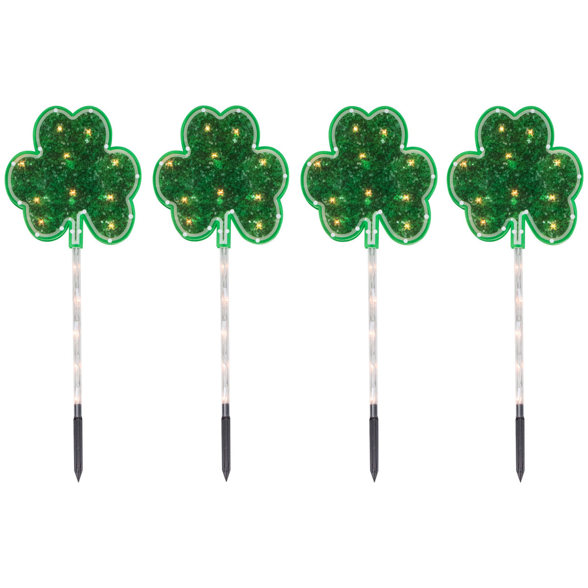 Green Shamrock St Patrick&#39;s Day Pathway Marker Lawn Stakes 4 Pack, Clear Lights