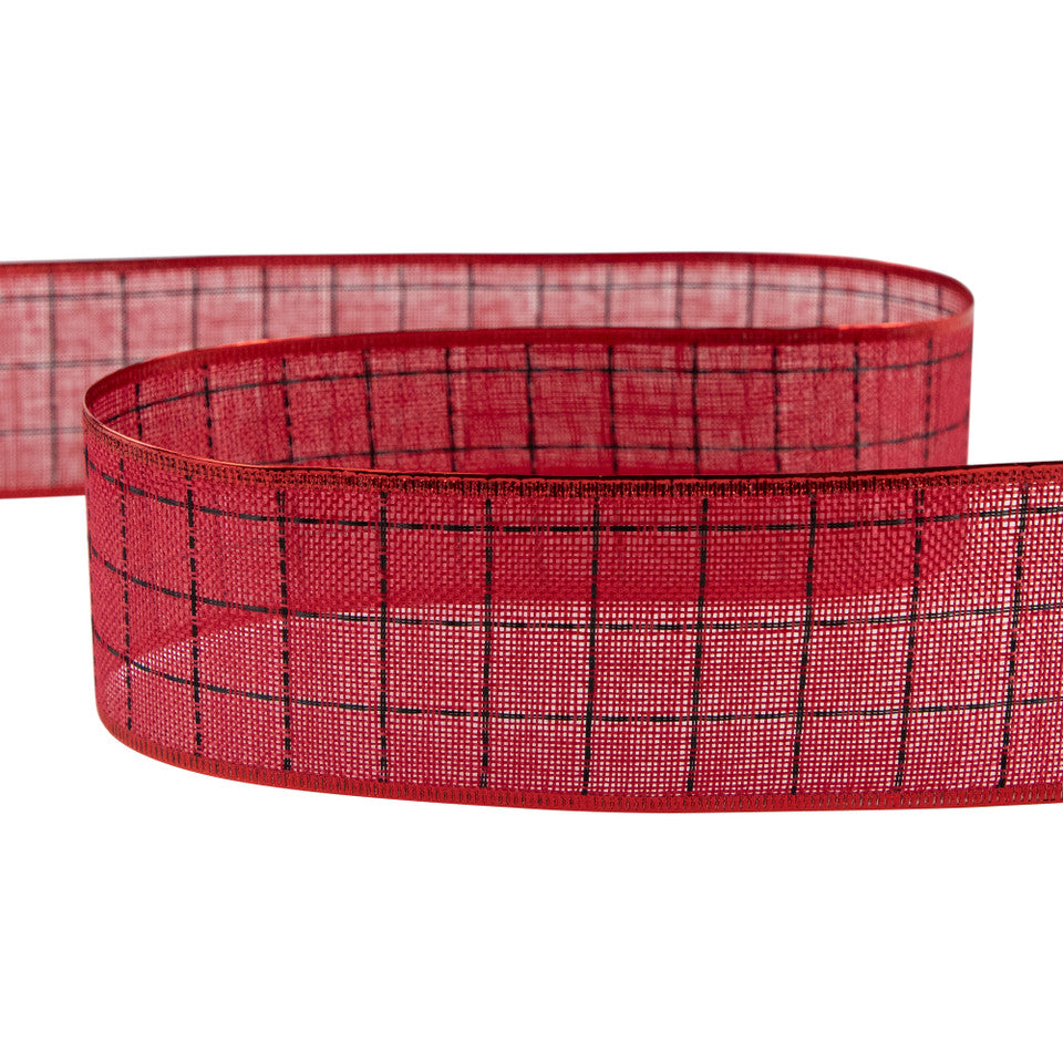 Red Woven Square Plaid Wired Craft Christmas Ribbon