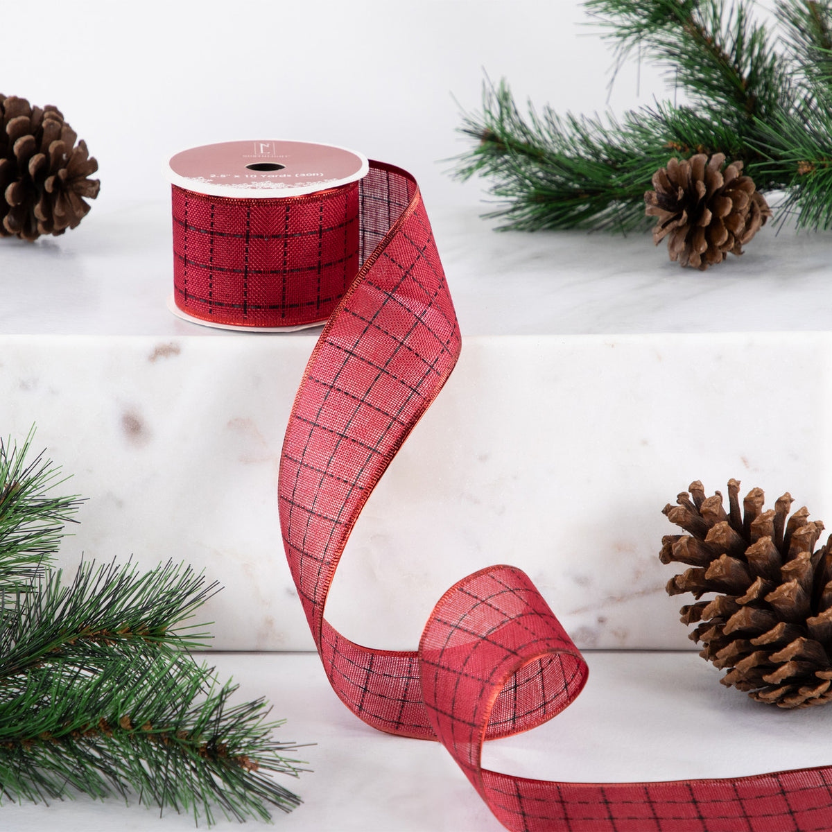 Red Woven Square Plaid Wired Craft Christmas Ribbon