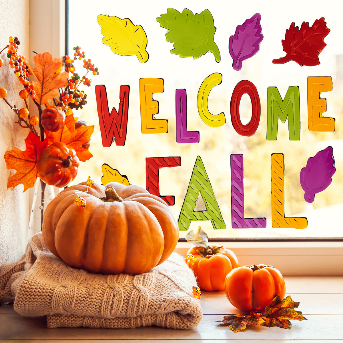 Welcome Fall Reusable Fall Thanksgiving Gel Window Clings (17 Piece Set)